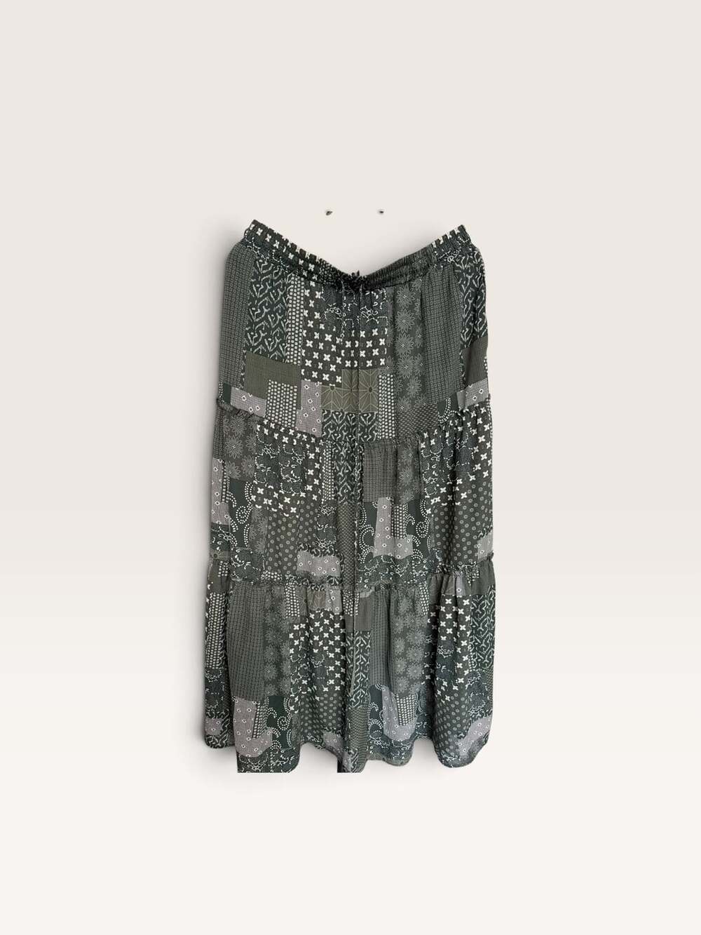 Boho Patchwork Print Maxi Skirt Green Floral Tiered Ruffle Drawstring/146
